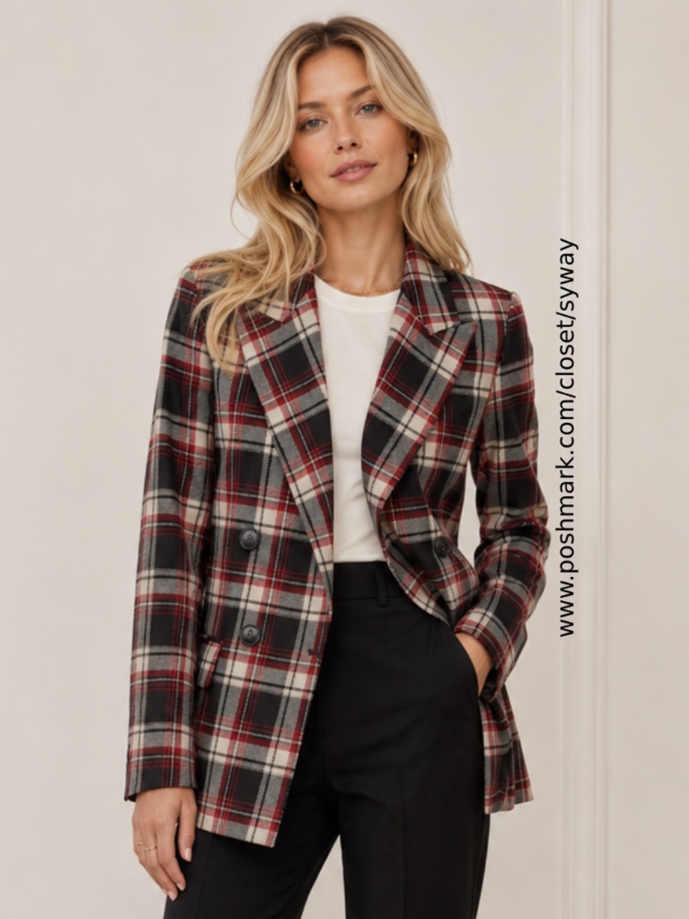 H&M Classic Preppy Red, Black & Cream Plaid Double Breasted Blazer Jacket